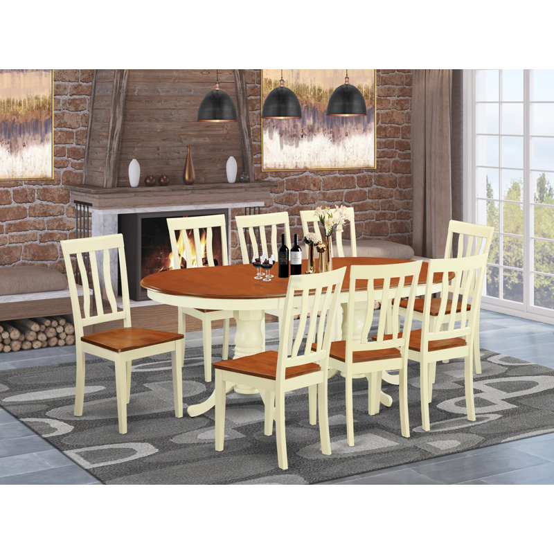 Cet ensemble de salle à manger 9 pièces comprend une table de salle à manger ovale avec papillon et 8 chaises de cuisine, babeurre et cerise