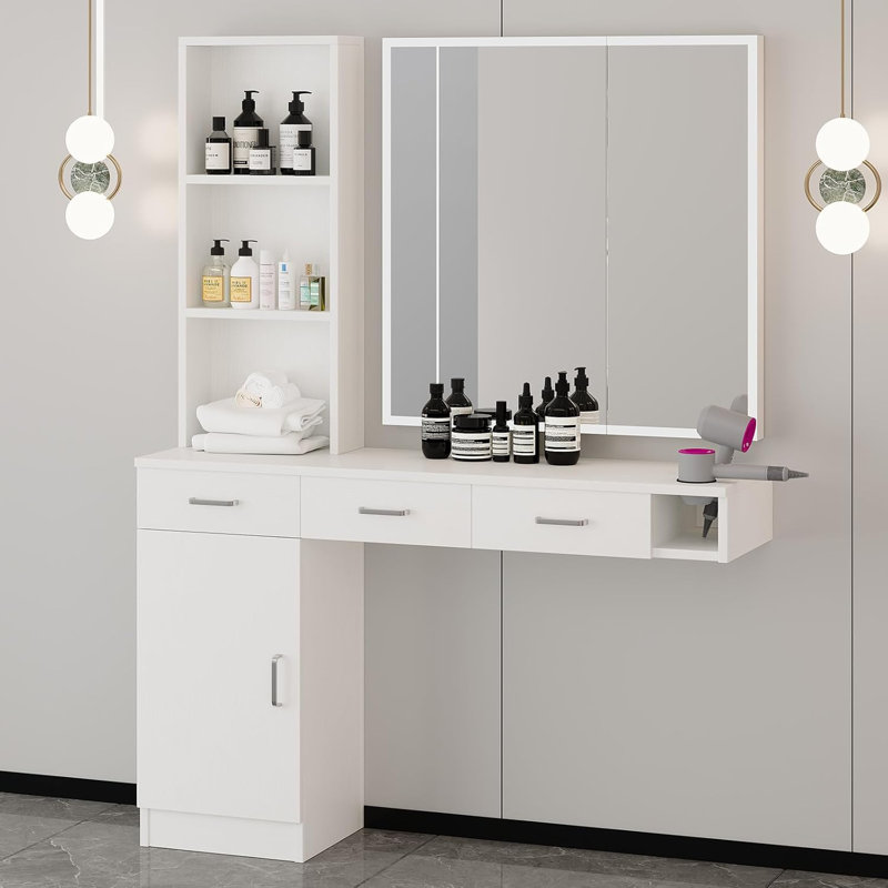 Station murale Thame Salon avec coiffeuse, support pour séchoir à cheveux, Blanc