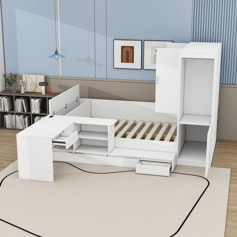 Full-Size Bed with Integrated Desk and Storage Shelves,Drawers, White
