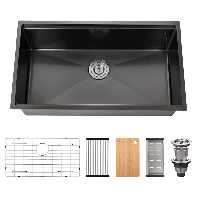 33"L × 19"W Workstation Undermount Stainless Steel Kitchen Sink with Accessories, Black