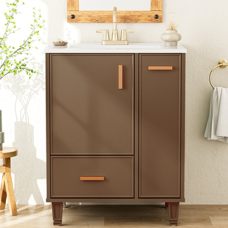 Meuble-lavabo simple 24 po avec comptoir en céramique 24 po, Brun