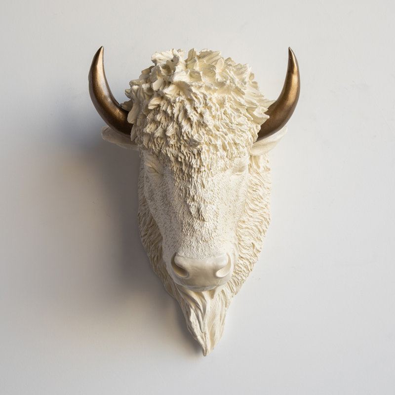Décoration murale fausse tête de bison naturalisée, Blanc cassé / bronze