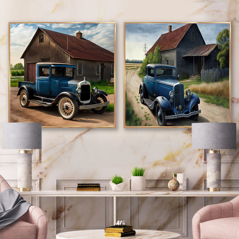 30S Ford Car In Barn II - Vintage Car Square Collage Set of 2, Cadre flottant doré, H 16 po x l 33 po
