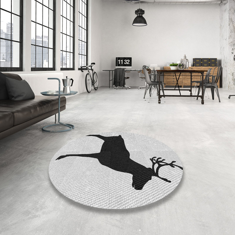 Tapis gris/zone noire à motifs, Rond 7 pi