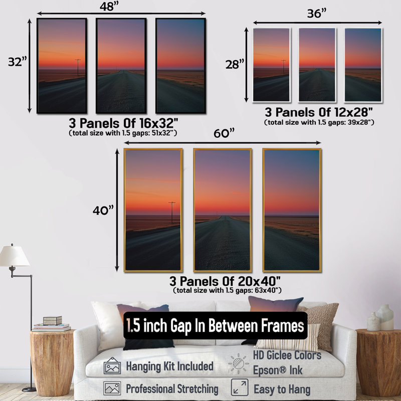 «Sunset Road Landscape I», ensemble d'art mural, Cadre flottant doré, H 40 po x l 60 po x P 1 po