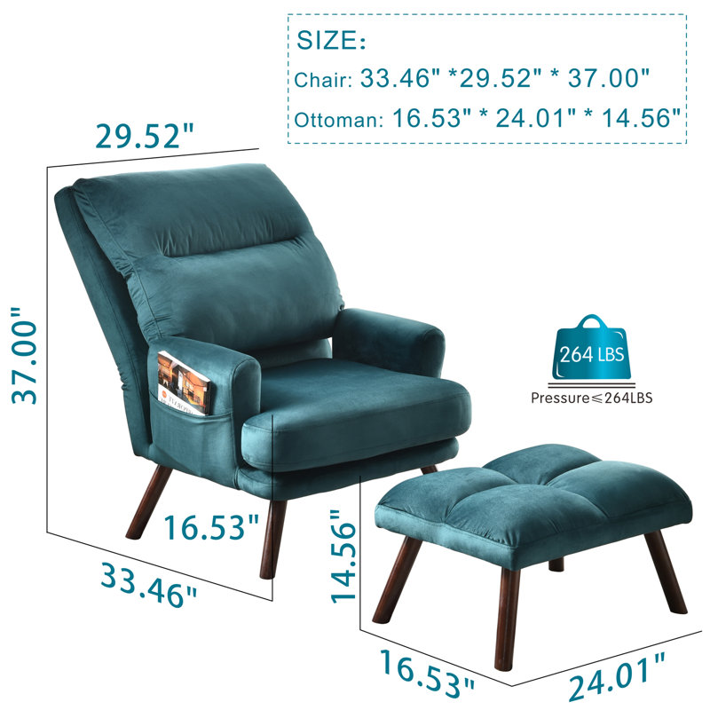 Alida 29.52'' Wide Lounge Chair and Ottoman, Dark Green Suede