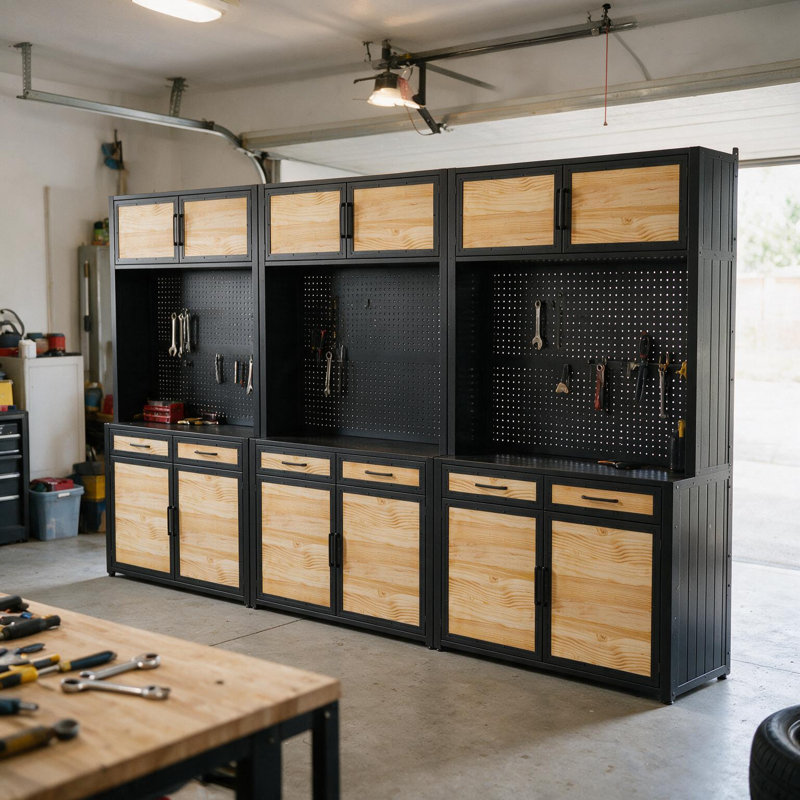 141.6" W Solid Wood Garage Storage Cabinet System with Drawers, Doors and Open Pegboard Storage