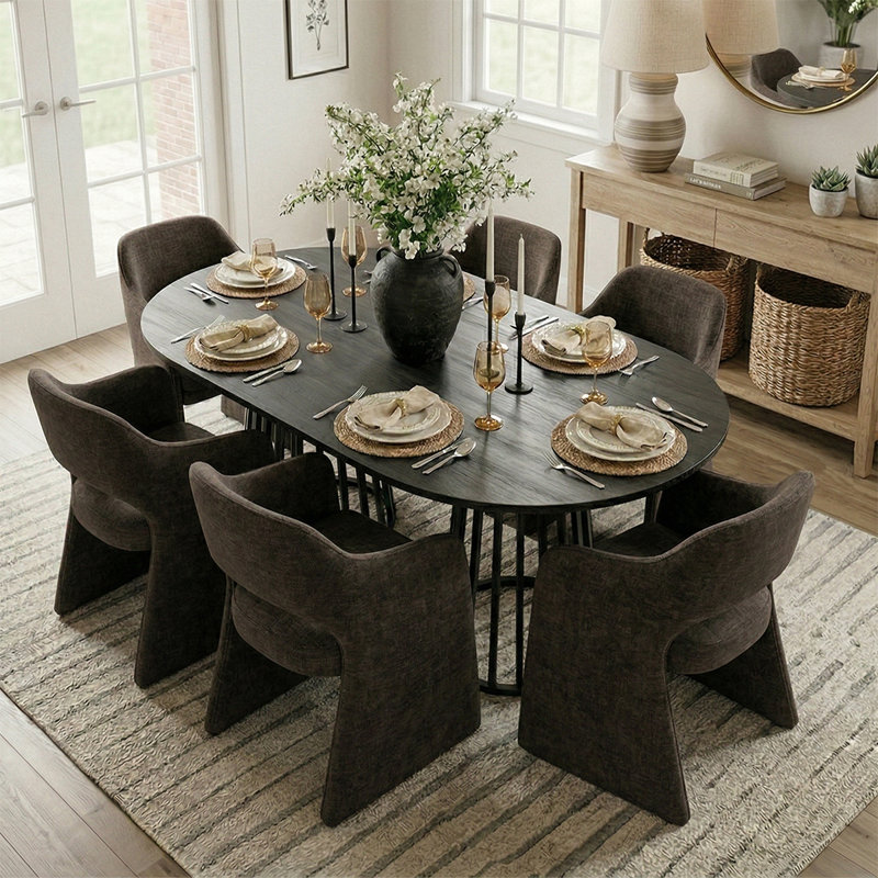 Ensemble de table de salle à manger pour 6 personnes avec table extensible et 6 chaises rembourrées en tissu, Marron foncé