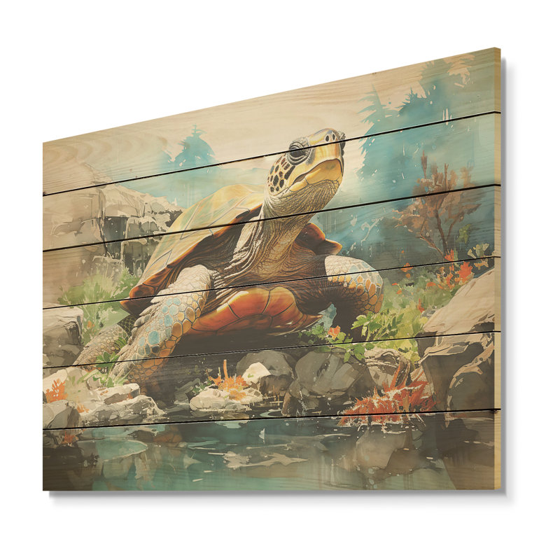 Contemporary Marine Life - Turtle Wood Panel Wall Art On Natural Pine Wood, 24" H x 32" W