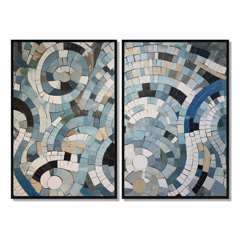 Mélange bohémien bleu et blanc - art mural moderne, H 36 po x l 48 po, Impression encadrée flottante, Noir