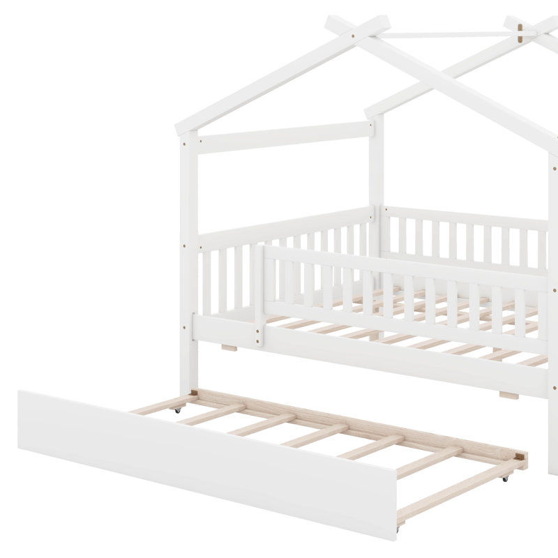 Lit double en bois avec lit gigogne, Lit double, Blanc
