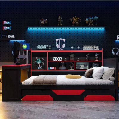 Lit de jour de jeu avec bureau et lumières intégrés, base de lit en bois moderne avec 3 tiroirs de rangement et station de charge intégrée, bibliothèque multifonctionnelle pour tête de lit