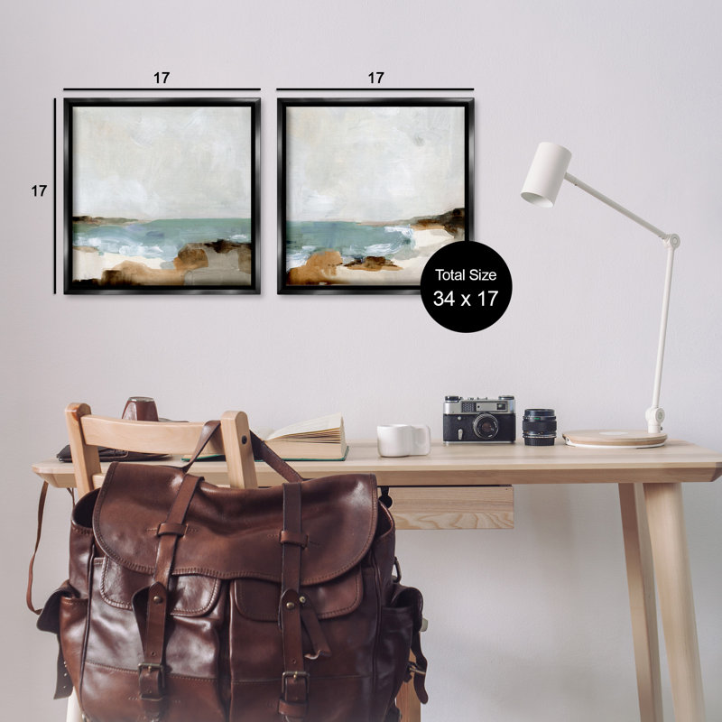 Abstract Beach Cove Landscape Cliffs 2 Piece Framed Floater Canvas Set by Victoria Barnes, Black, 18" H x 18" W