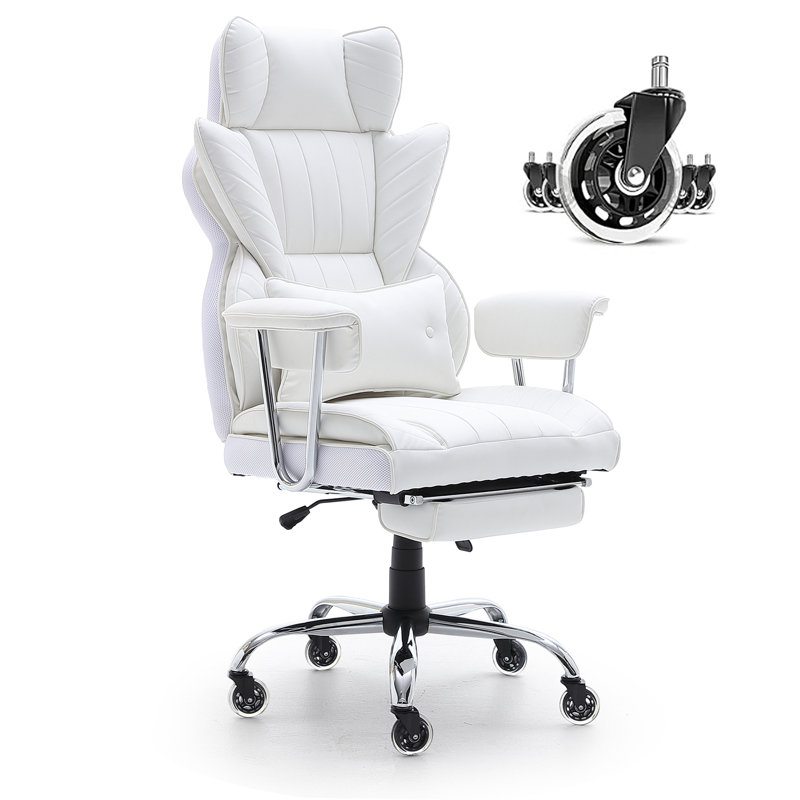 Reclining Office Chair With Footrest, Heavy Duty PU Leather Wide Office Chair, Big And Tall Executive Office Chairs With Lumbar Support, Strong Metal Base Quiet Wheels, White