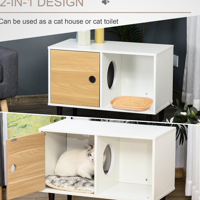 Lit pour chat surélevé blanc avec coussin, rangement pour accessoires pour animaux de compagnie, trou de circulation d'air en bois, abri de maison confortable