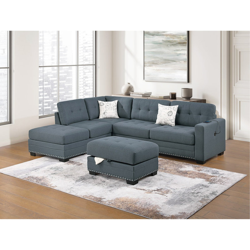 Ensemble de salon modulaire en forme de L avec repose-pieds et canapé capitonné 3 pièces, Dark Grey
