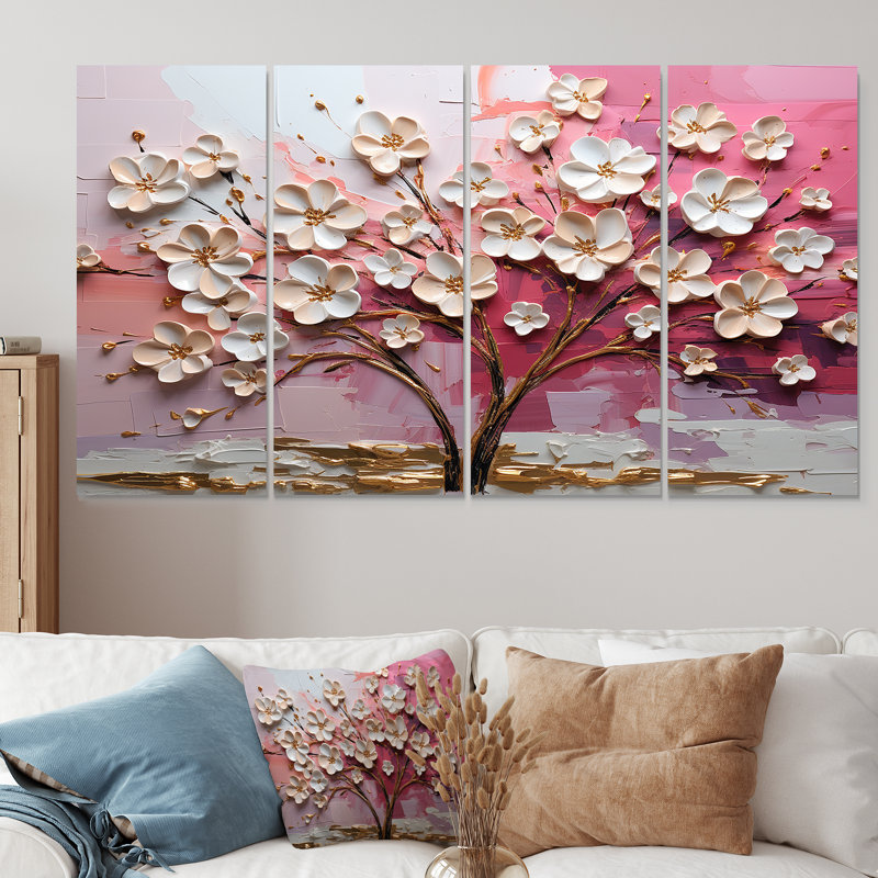 Orchidée rose et or jardin de branches II - arbre, 4 pièces, décoration murale, H 28 po x l 48 po
