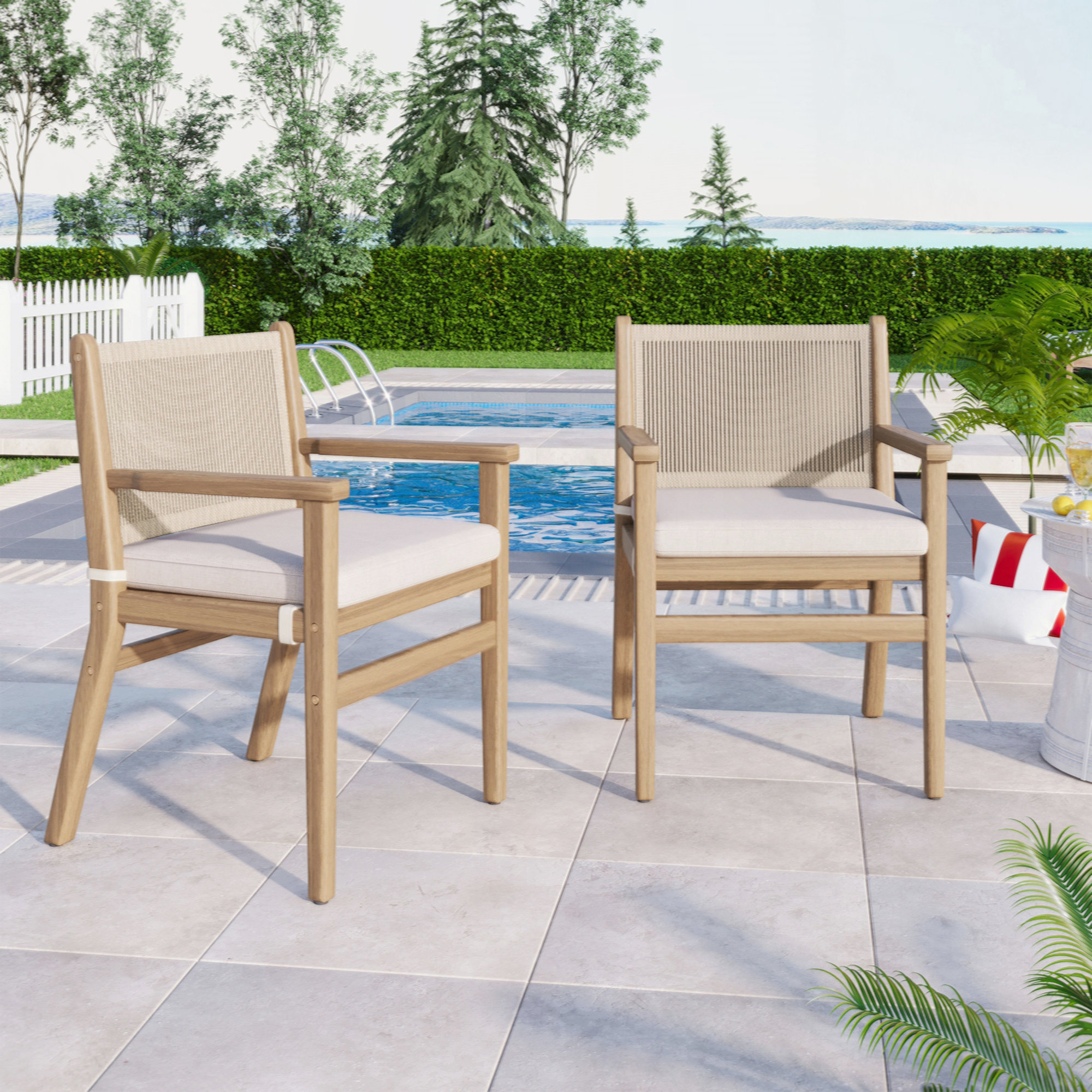 thumbnail image 2 of Acacia Wood Patio Dining Chairs Set Of 2 - Stackable Outdoor Chairs With Removable Cushions 2 of 5