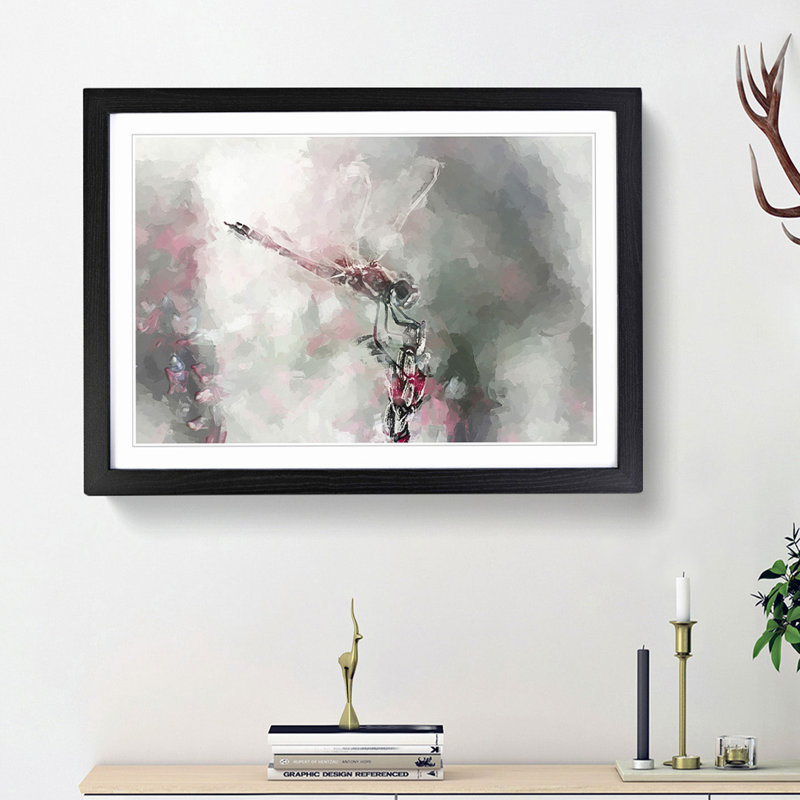 Perched Dragonfly in Abstract - Picture Frame Painting Print, 48cm H x 65cm W x 2cm D, Black Framed