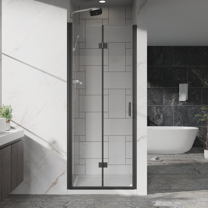 Pivot Bifold Frameless Glass Shower Door 1/4 Inch (6Mm) Tempered Clear Glass Swing Shower Panel In Finish, Reversible Installation