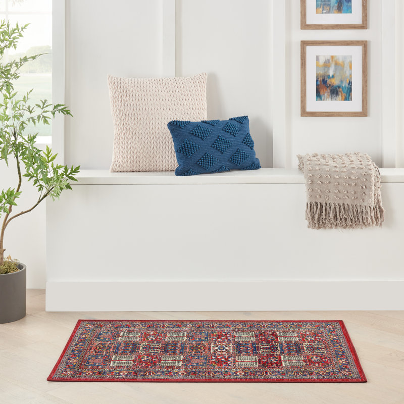 Tapis rouge / beige / bleu tissé à la machine, Tapis de couloir 1 pi 10 po x 5 pi