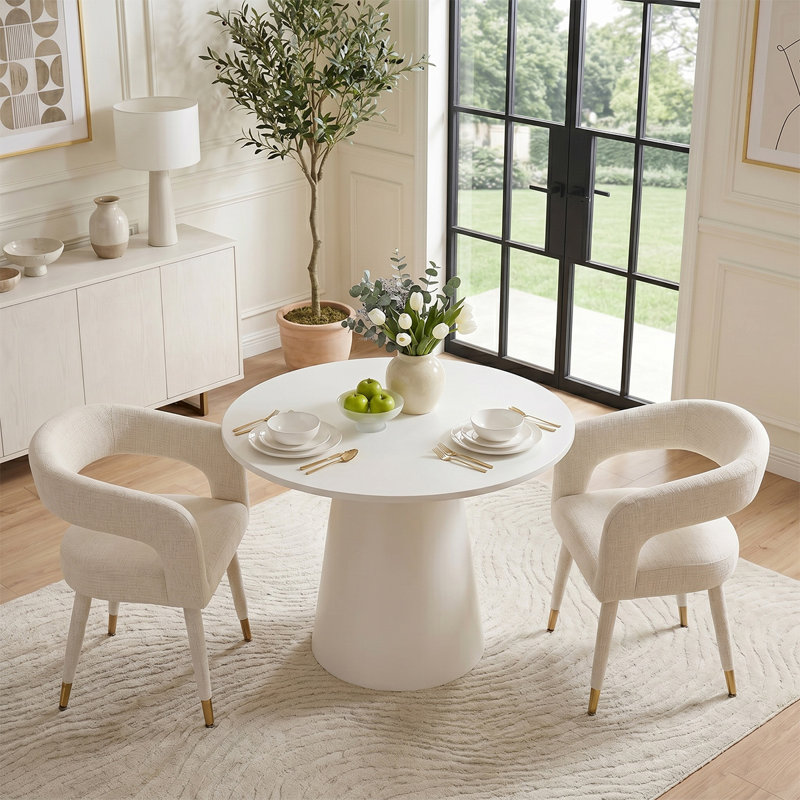Ensemble de salle à manger rond moderne 35 "pour 2 avec fauteuils en chenille, Oatmeal
