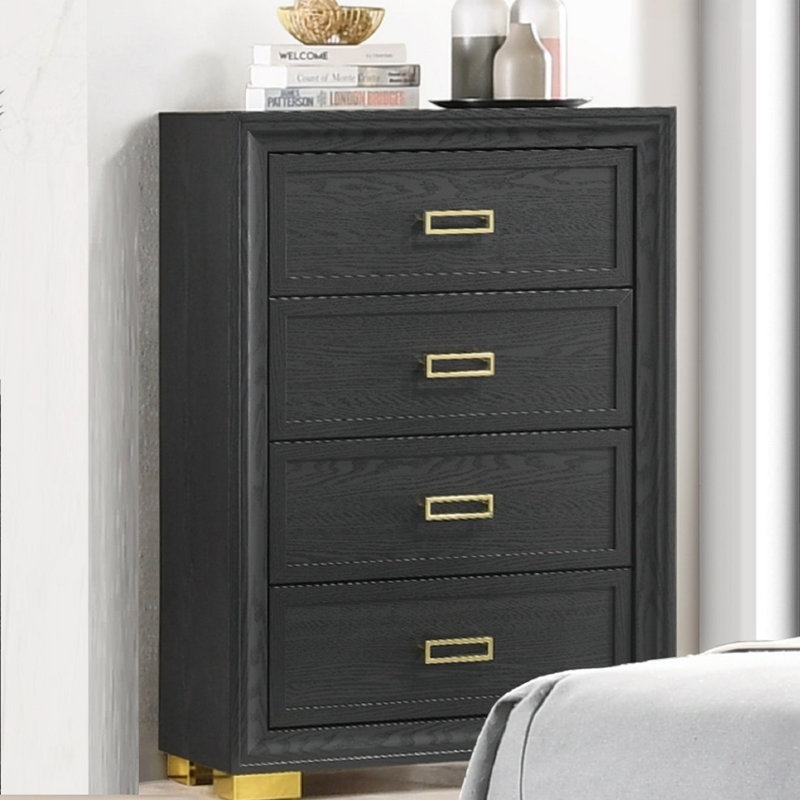 Commode glamour moderne à 4 tiroirs avec finition gris foncé et or, parfaite pour les solutions de rangement élégantes pour la chambre à coucher