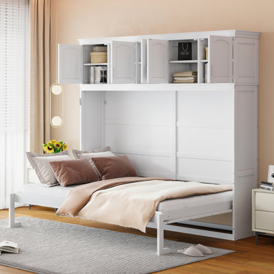 White Queen Size Bed, Ideal Space Furniture For Home Office, Comfortable Sleep With Flexible Slats Wall Bed Cabinets, Mattress Support, Small Apartment