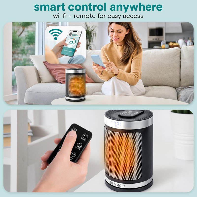 Serenelife Smart Space Heater – 1500W Indoor Electric Heater With Thermostat, Remote Control, 12-Hour Timer, Wi-Fi Enabled PTC Ceramic Heating For Home And Office, Black (5.9" X 5.9" X 9.5")