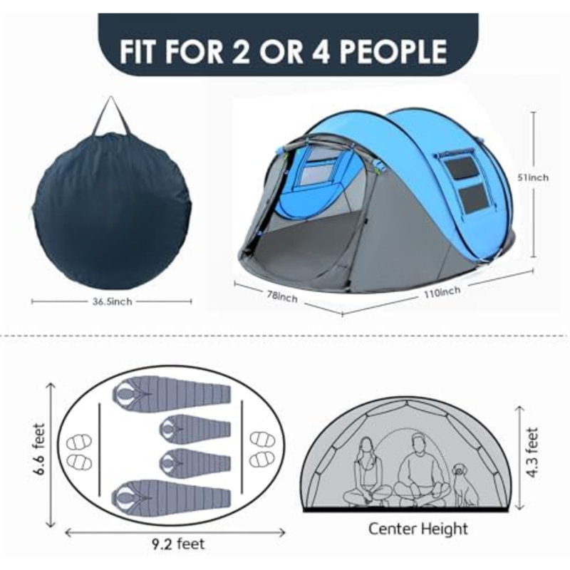 Tente escamotable facile à installer pour 4 personnes, installation automatique et 2 portes - Tentes familiales instantanées pour le camping, la randonnée et les voyages