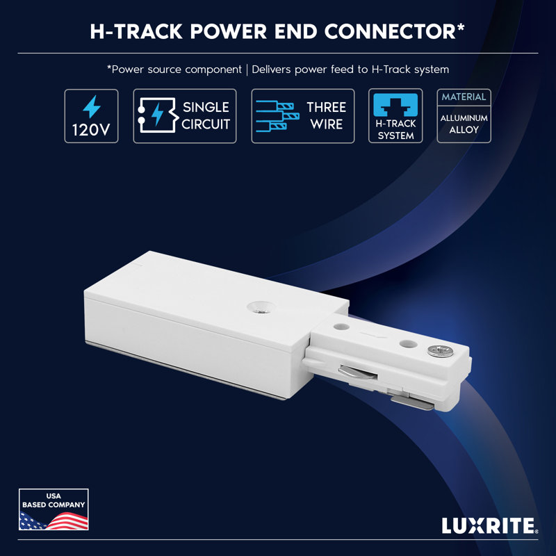 Connecteur d'extrémité de puissance à rail H Luxrite, accessoire d'éclairage à 3 fils H-Track à circuit unique, alimentation électrique en direct 120 V pour système de rail de type H, paquet de 24 blanc