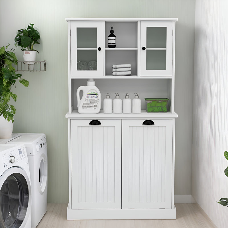 White Tall Bathroom Cabinet with Adjustable Shelves and Tilt-Out Laundry Baskets