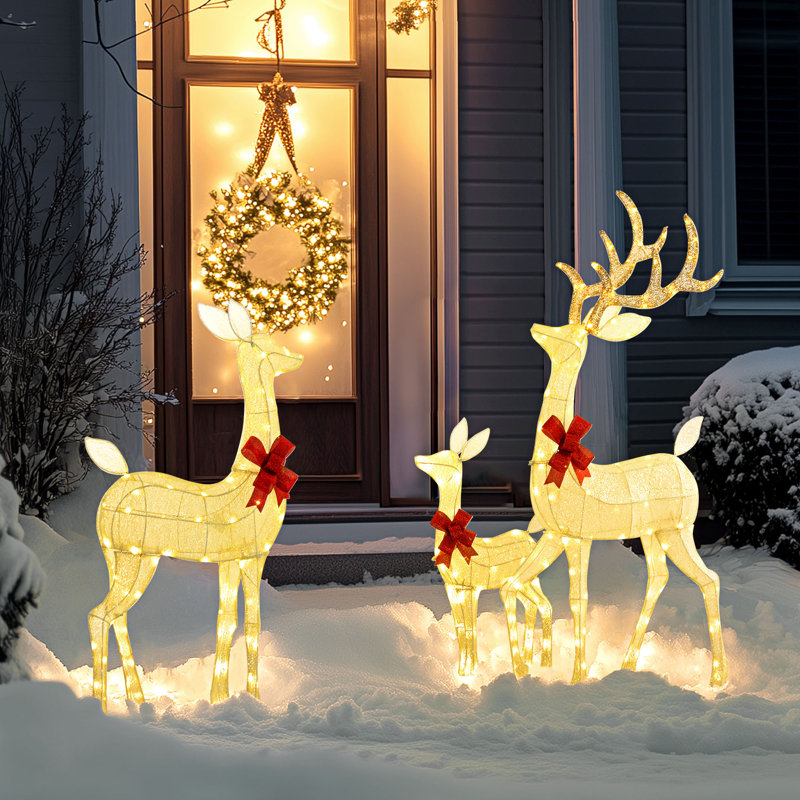Ensemble de 3 familles de cerfs de Noël éclairés, 2 modes d'éclairage, argent
