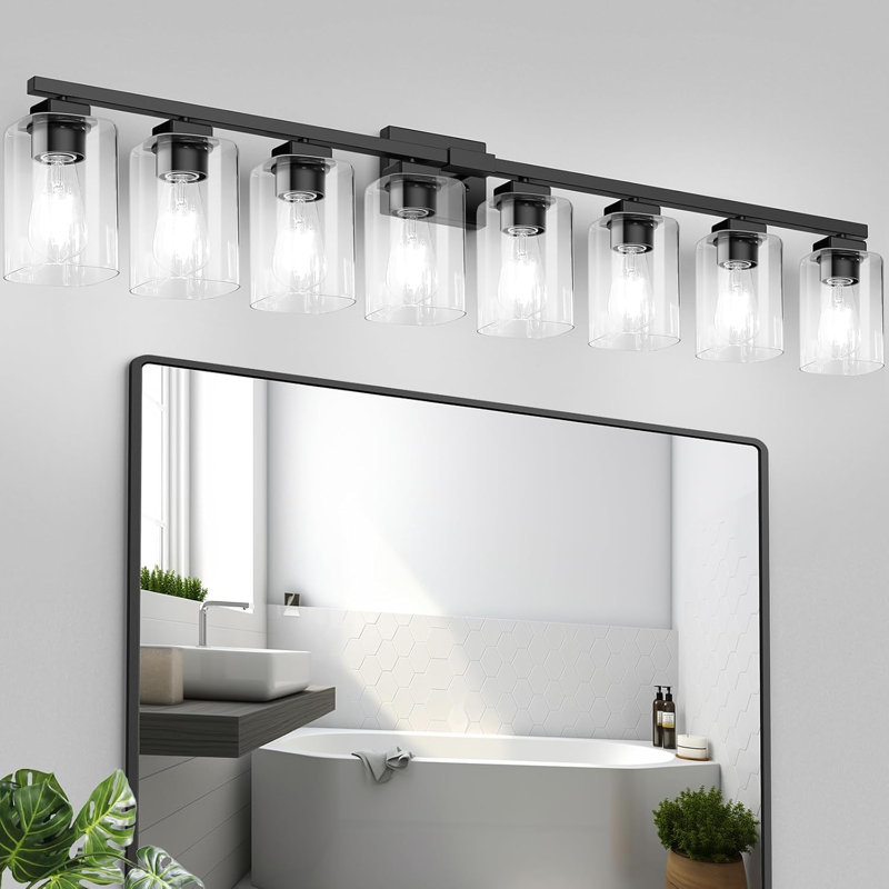  27" Bathroom Light Fixture, Black, 12" H x 50" W x 12" D, 8 Lights