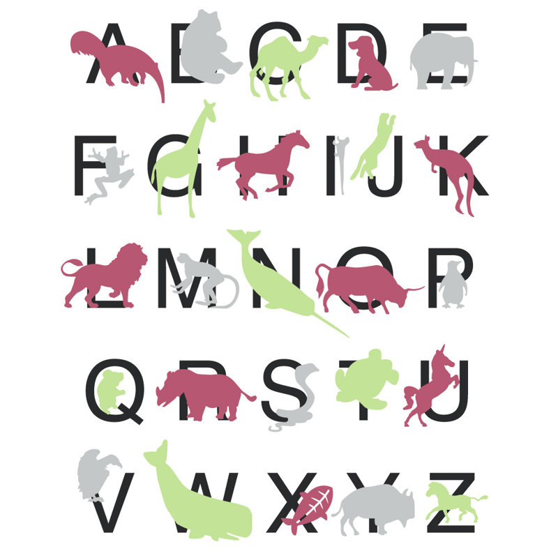 Décalcomanie murale alphabet animal, H 56 po x l 45 po x P 0,01 po, Rose / gris / vert