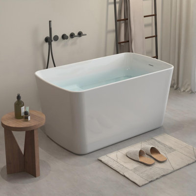 49'' Freestanding Soaking Acrylic Bathtub, Square-shape Japanese Soaking Hot Tub with Built-in Seat, Chrome Overflow and Drain, White/Black
