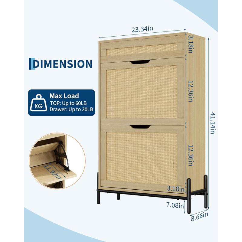 Entryway Rattan Shoe Cabinet w/ 2 Flipup Drawers & 1 Drawer, Freestanding Shoe Organizer, 3-Tier Shoe Storage Cabinet with Adjustable Shelves
