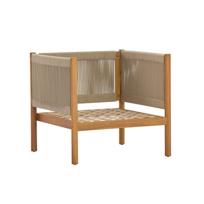 Fauteuil club d'extérieur avec structure en bois d'acacia et panneaux latéraux en corde beige, finition teck