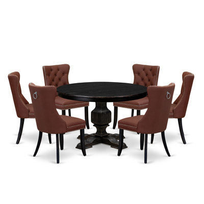 7 Piece Dining Table Set Consists of a 48" Round Table with Pedestal and 6 Burgundy Polyester Fabric Parson Chairs, Sand Blasted Black.