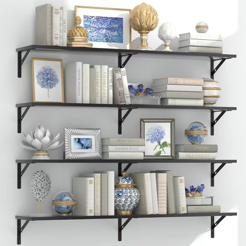 Ensemble de 4 tablettes flottantes noires - 36 po de long pour tablettes murales robustes pour chambre à coucher, salon, bureau, cuisine et buanderie