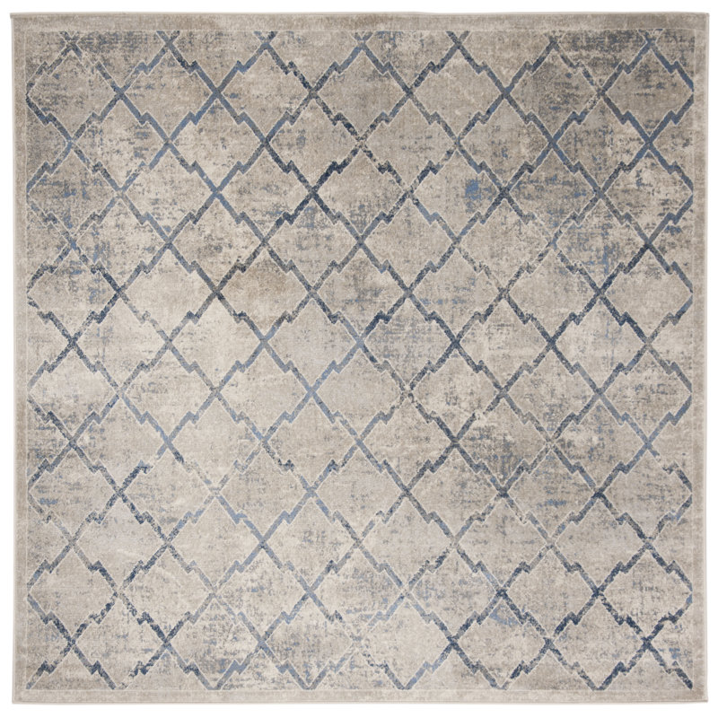 Cambrai Geometric Light Gray/Dark Blue Area Rug, Square 10'