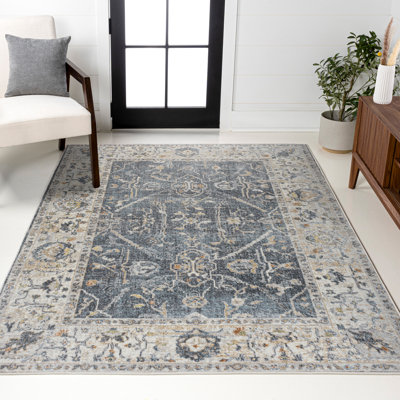 Brandy Rustic Border Low-Pile Machine-Washable Dark Gray/Cream Rug