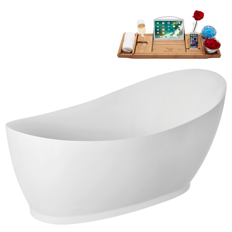 68" Streamline Soaking Glossy White Acrylic Freestanding Bathtub, Bamboo Tray, Drain, Polished Brass