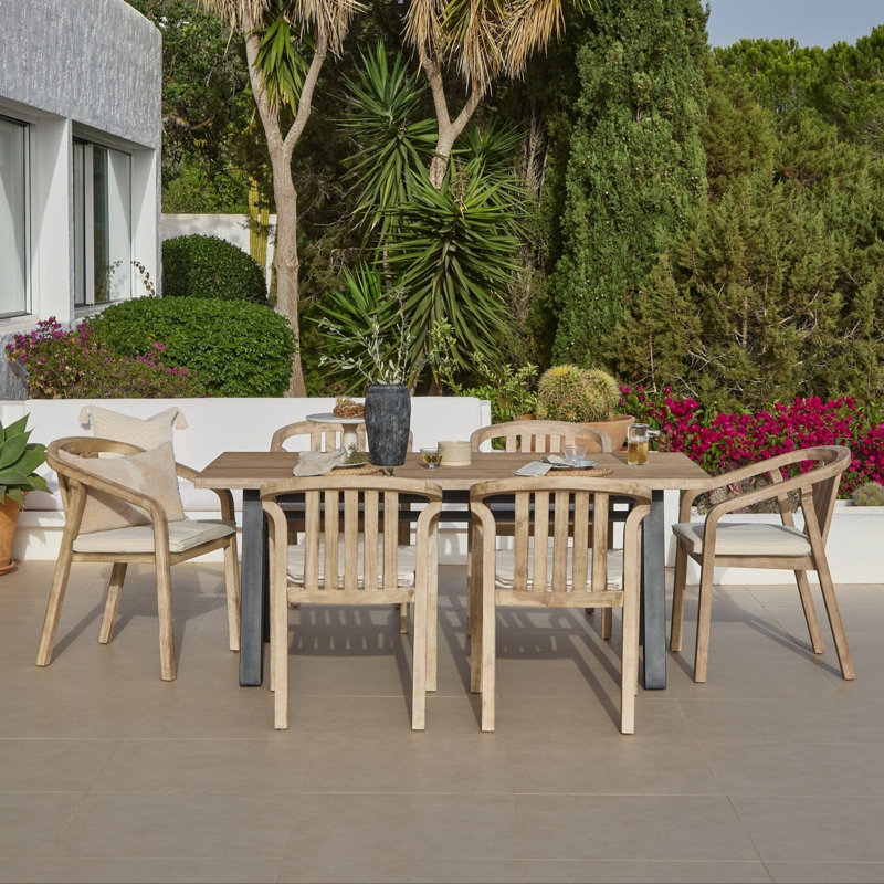 6 - Person Acacia Solid Wood Patio Dining Set Rectangular Table with Cushions Included, Yes