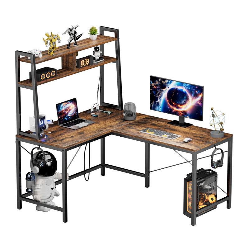  50.1'' Corner Desk L Shaped Gaming Desk With Power Outlet And Led Lights, Brown