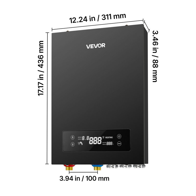 Chauffe-eau électrique sans réservoir, 27 kW, 240 V, pour lavage, bain et cuisine, commande tactile DEL, élément chauffant en fonte d'aluminium, température réglable de 30 à 55 °C (86 à 131 °F).
