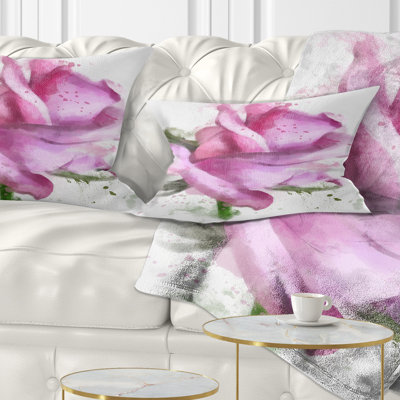 Pink Rose Drawing Watercolor - Floral Printed Throw Pillow