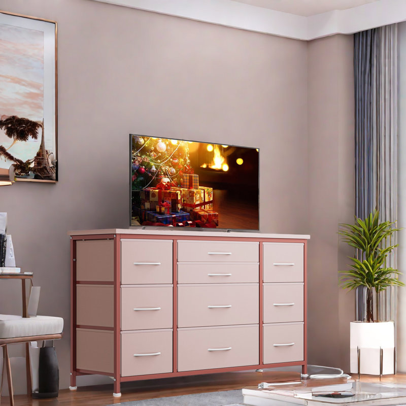 Commode 10 tiroirs avec prise de courant, Rose