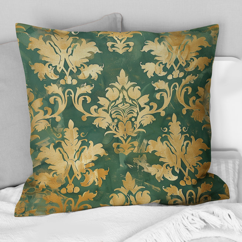 Coussin décoratif damassé Glamour II - vert doré, H 16 po x l 16 po, Carrée