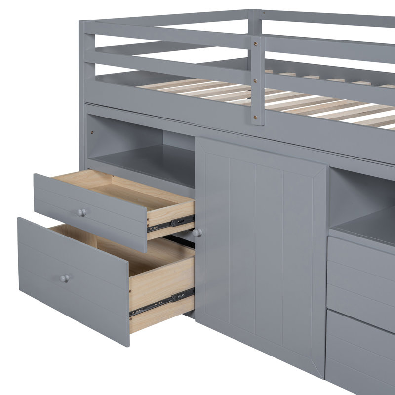Lit mezzanine simple en bois avec rangement, tiroirs et tablettes pour une vie moderne peu encombrante